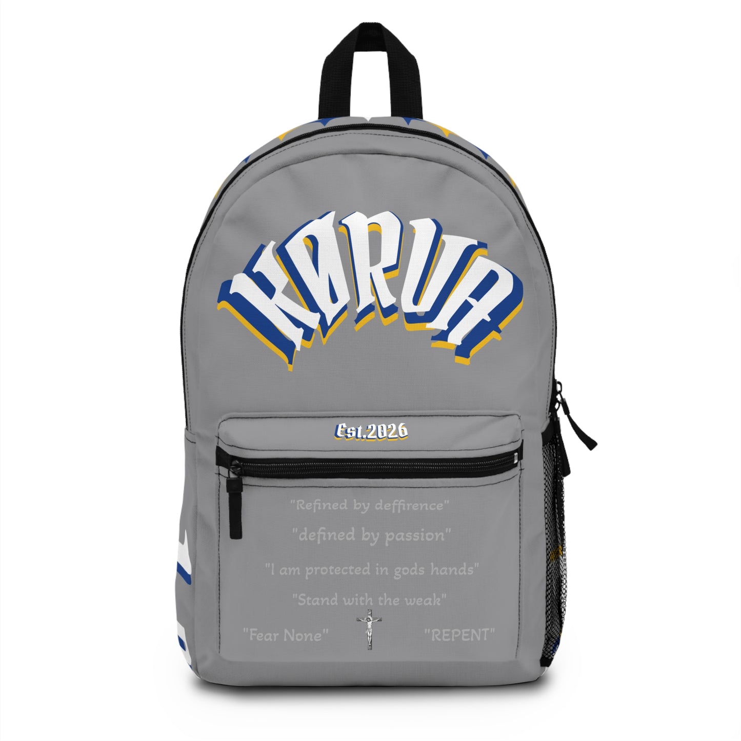 Karua Gray & Gold Logo Backpack — Stylish School & Travel Daypack