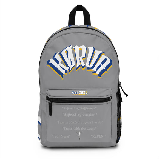 Karua Gray & Gold Logo Backpack — Stylish School & Travel Daypack